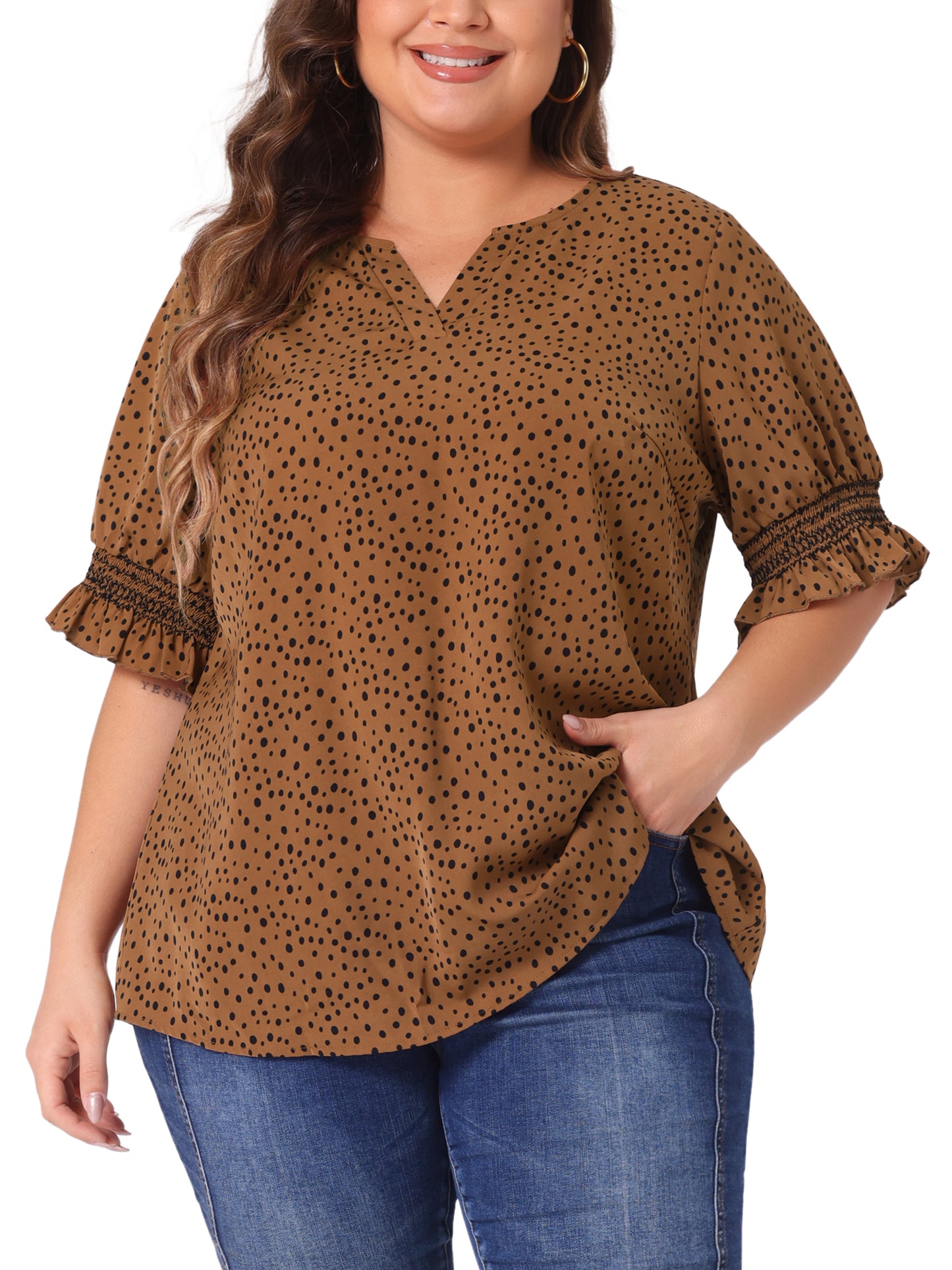 Women's Plus Size Blouse Pin Dots Smocked Floral Boho Blouse