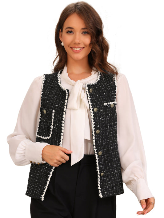 Women's Button Down Round Neck Tweed Plaid Vest