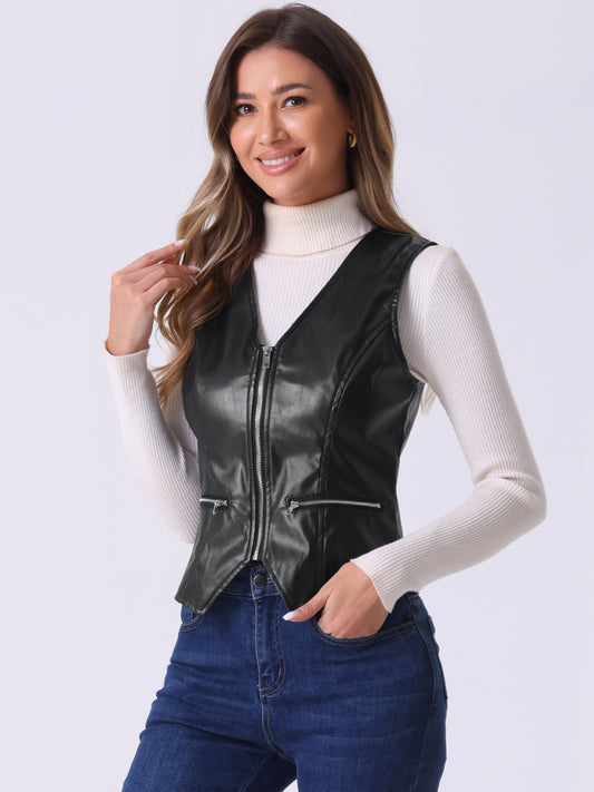 Women's Faux Leather Vintage Zipper Motorcycle Biker Vest