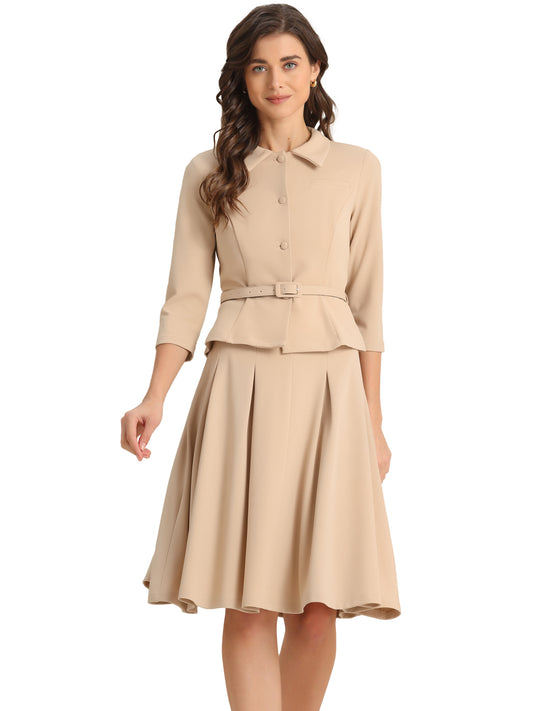 Women's 2 Piece Business Skirt Suit Set 3/4 Sleeve Office Blazer Pleated Skirt
