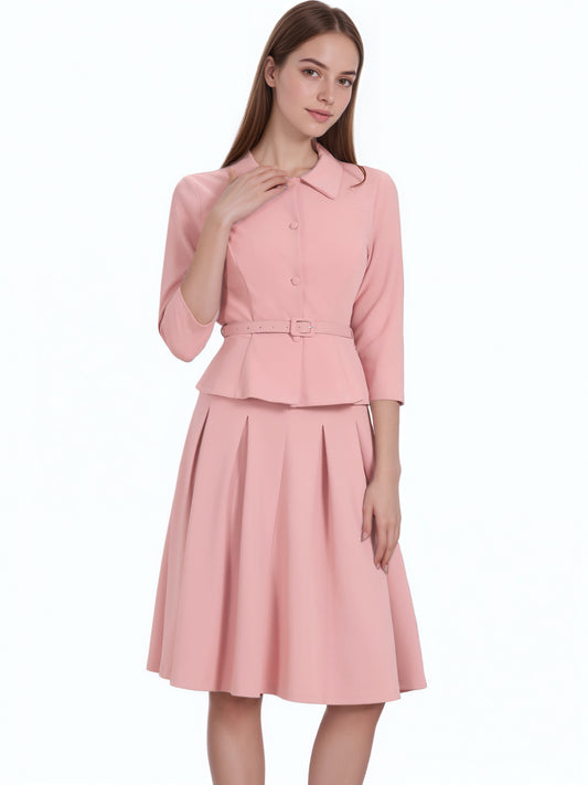 Women's 2 Piece Business Skirt Suit Set 3/4 Sleeve Office Blazer Pleated Skirt