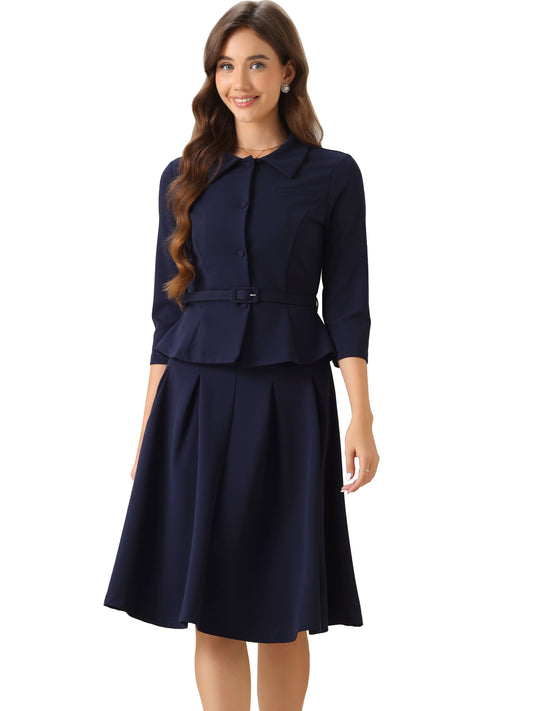 Women's 2 Piece Business Skirt Suit Set 3/4 Sleeve Office Blazer Pleated Skirt