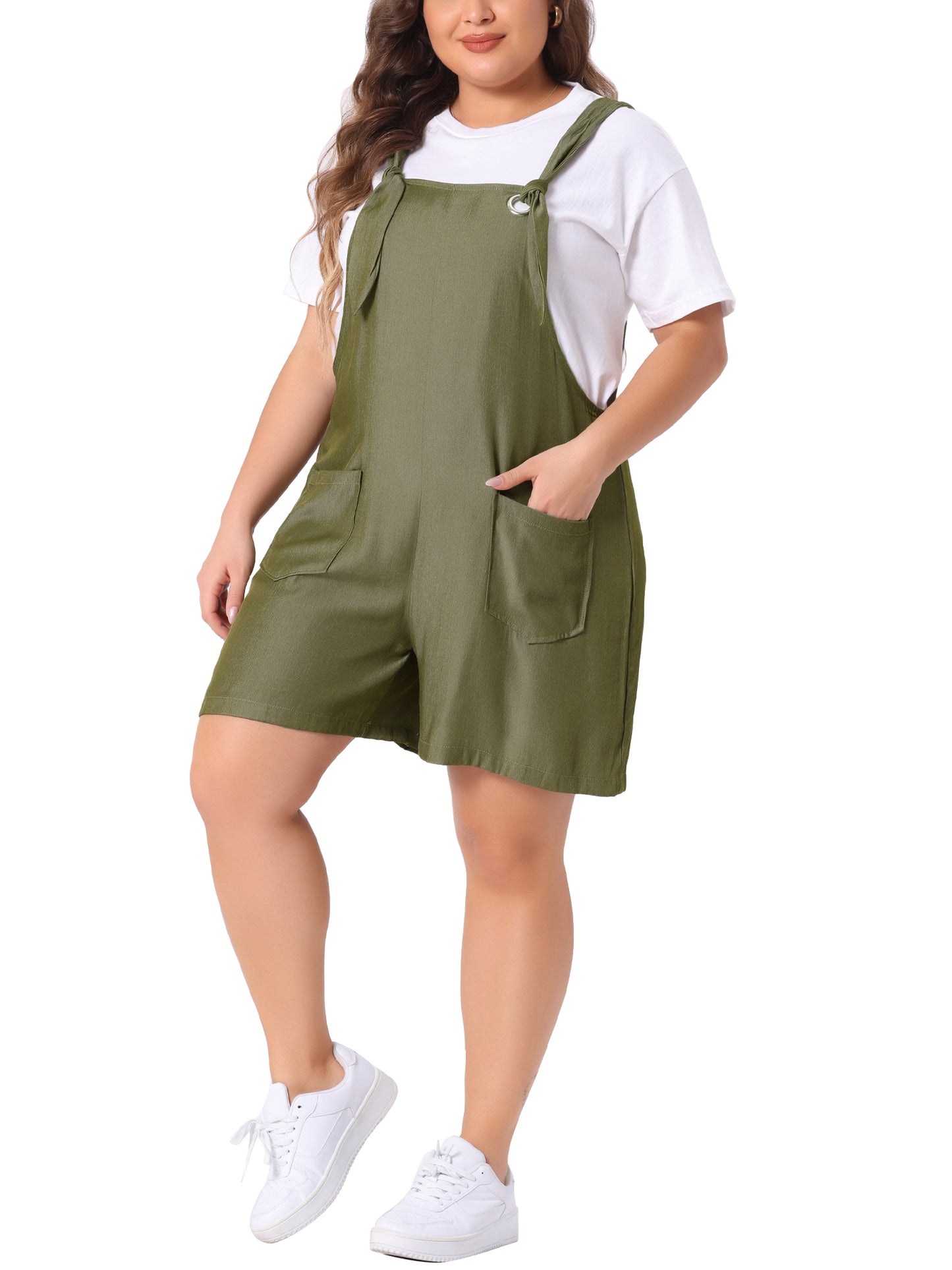 Women's Plus Size Sleeveless Square Neck Tie Shoulder Romper Shorts