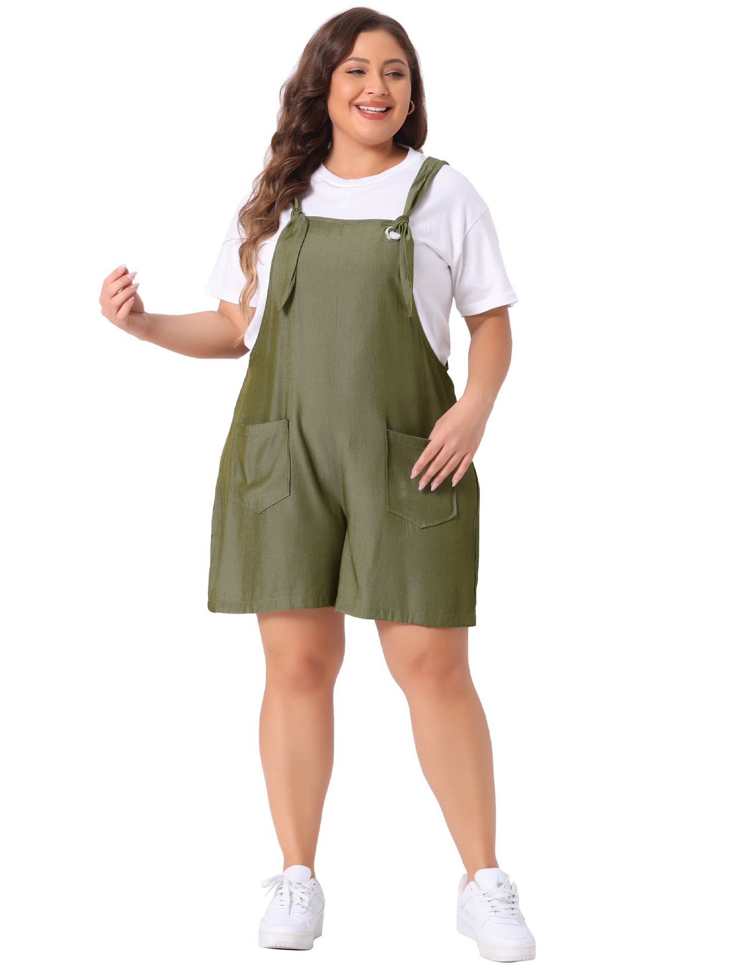 Women's Plus Size Sleeveless Square Neck Tie Shoulder Romper Shorts