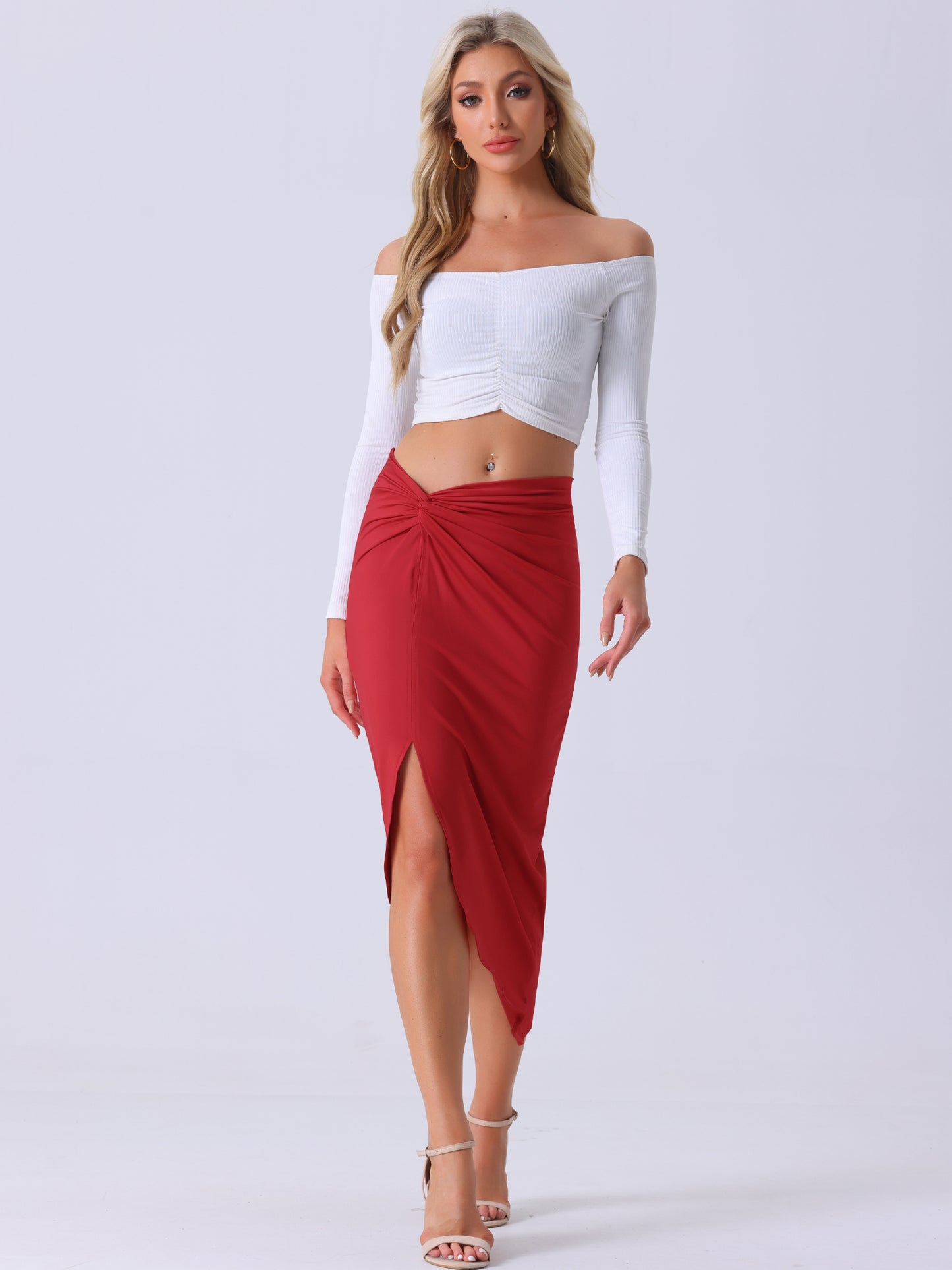 Faldas de playa bohemias asimétricas con abertura alta fruncida y parte delantera torcida para mujer