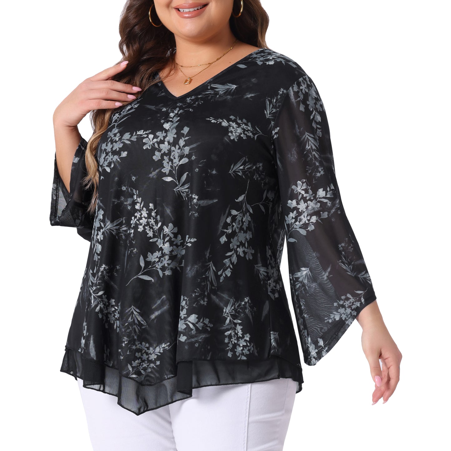Women Plus Size Dressy Blouse Mesh Casual Flowy Tunic Tops