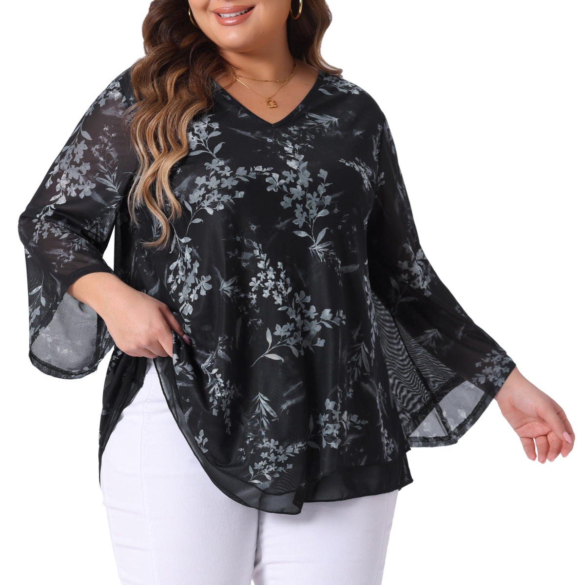 Women Plus Size Dressy Blouse Mesh Casual Flowy Tunic Tops