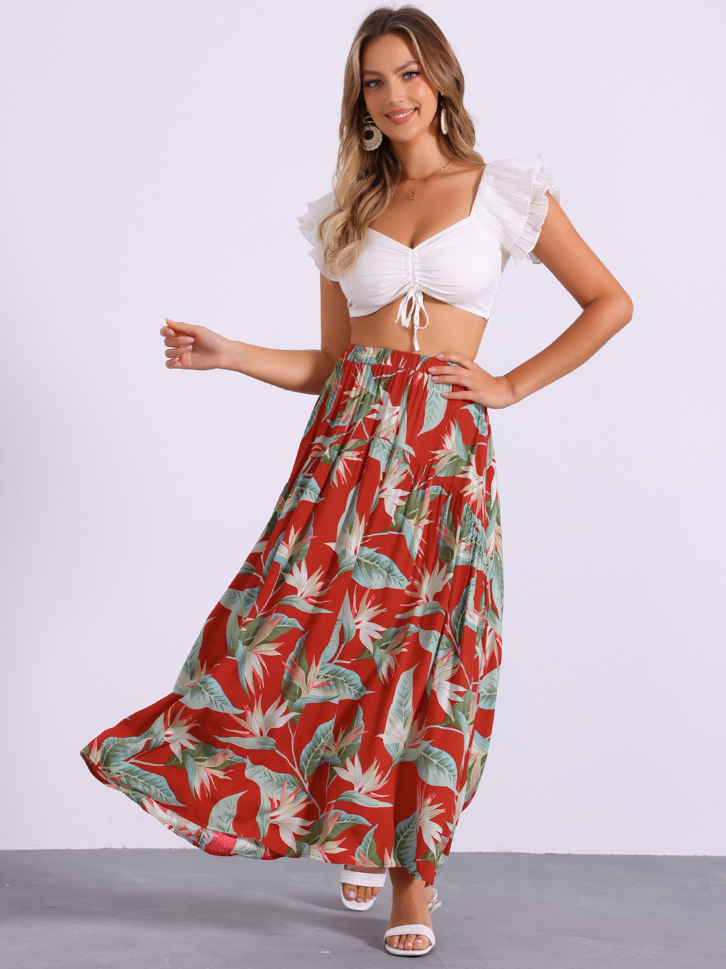 Falda floral para mujer, elástica, de cintura alta, estilo bohemio, para playa, corte A, maxifaldas bohemias