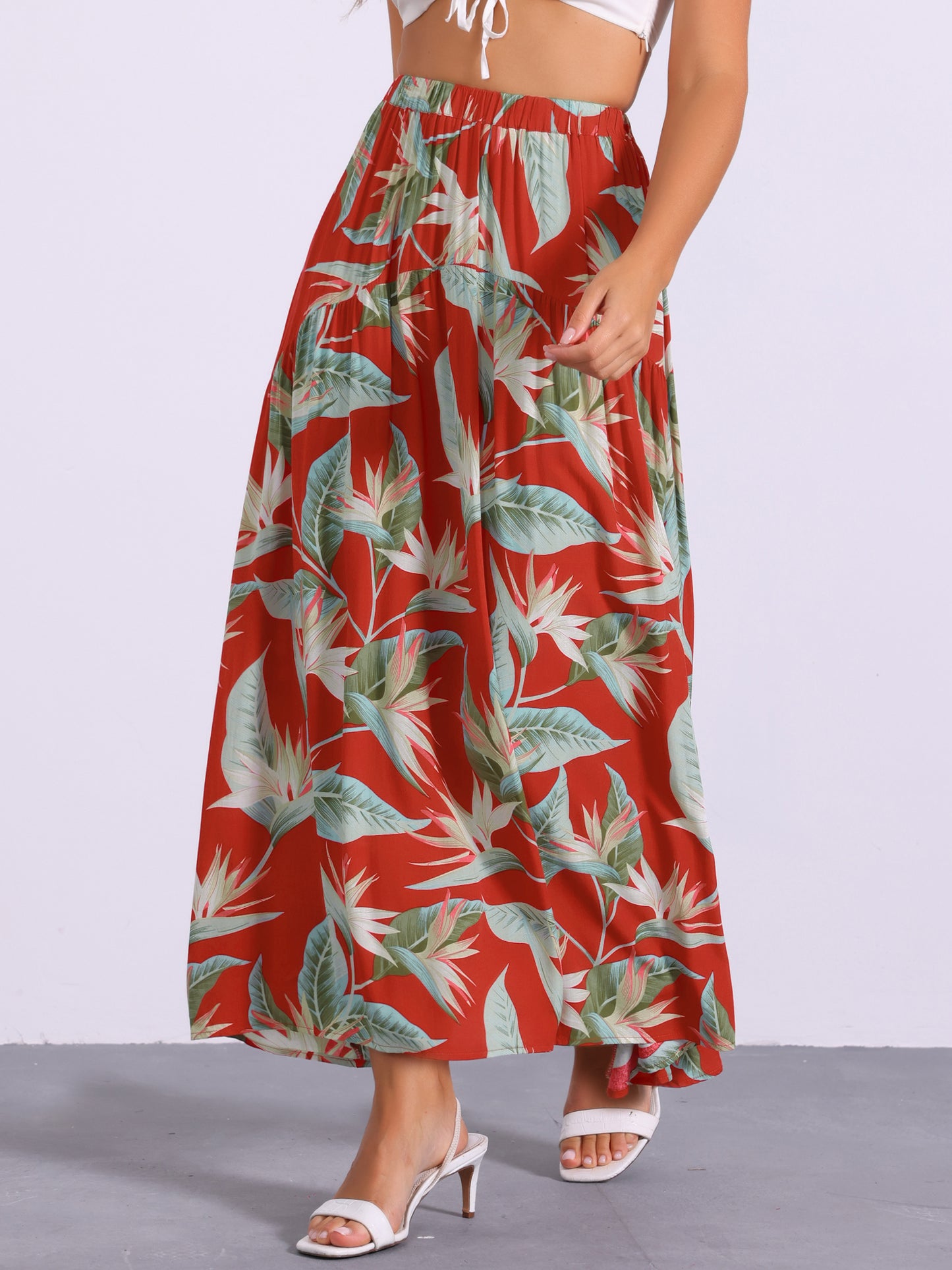 Women's Floral Skirt Elastic High Waist Bohemian Beach A-line Maxi Boho Skirts