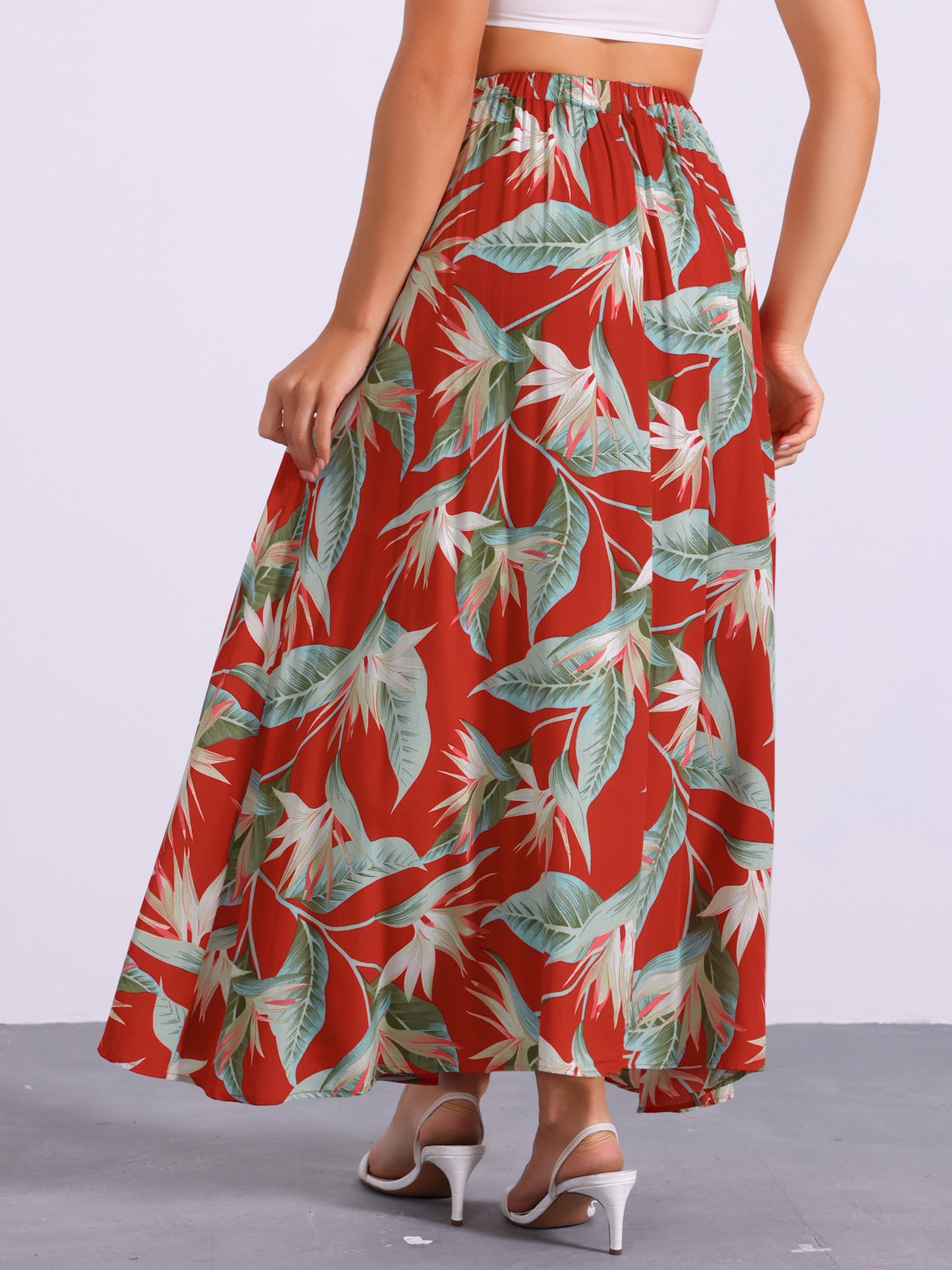 Falda floral para mujer, elástica, de cintura alta, estilo bohemio, para playa, corte A, maxifaldas bohemias