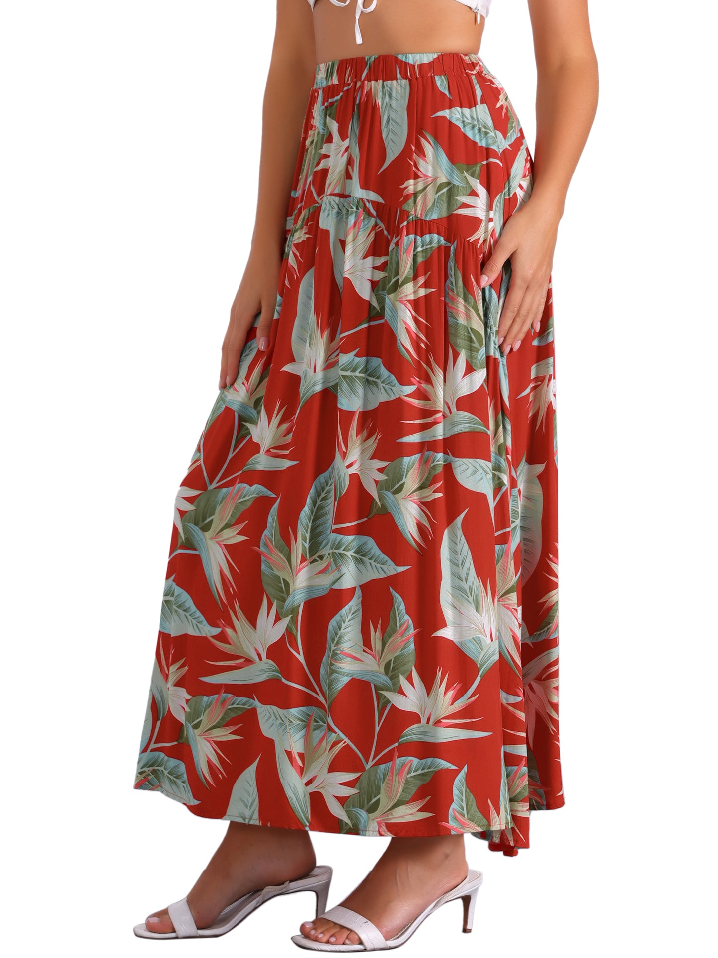 Falda floral para mujer, elástica, de cintura alta, estilo bohemio, para playa, corte A, maxifaldas bohemias