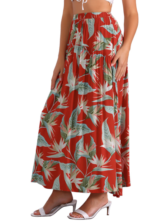 Falda floral para mujer, elástica, de cintura alta, estilo bohemio, para playa, corte A, maxifaldas bohemias