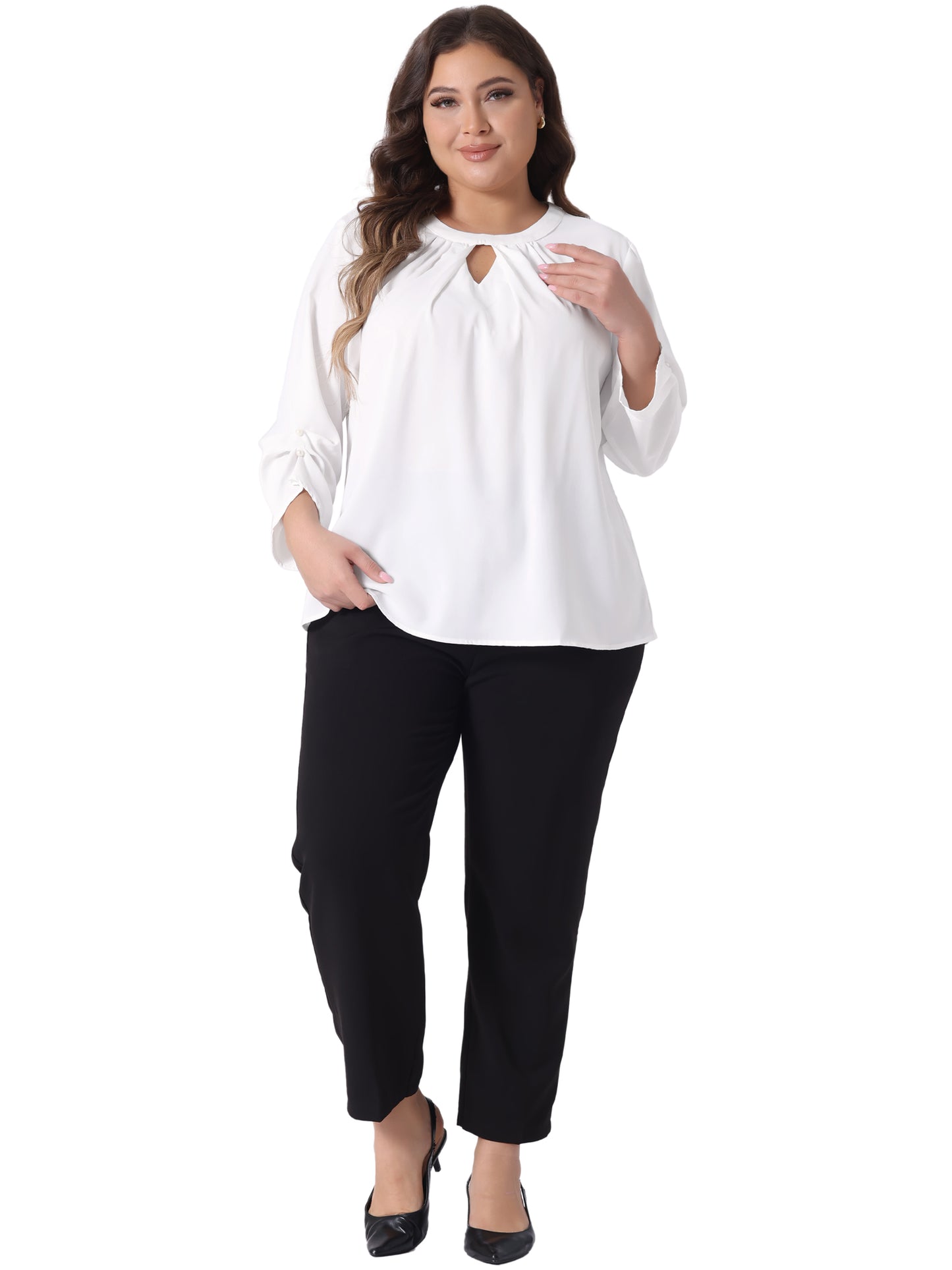 Women's Plus Size Business Work Pleated Blouses Crewneck Keyhole 3/4 Sleeve Top