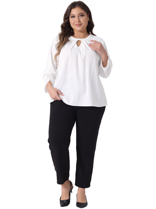 Women's Plus Size Business Work Pleated Blouses Crewneck Keyhole 3/4 Sleeve Top