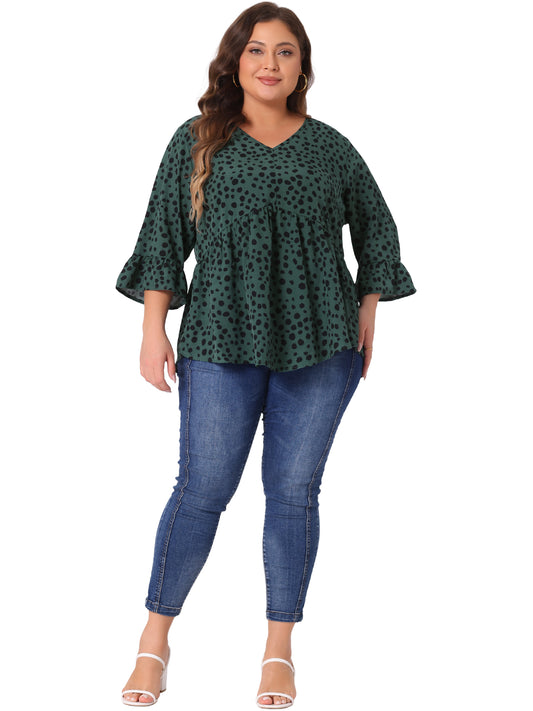 Women Plus Size Polka Dots Blouses V Neck 3/4 Ruffle Sleeve Peplum Top