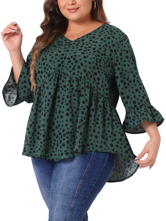 Women Plus Size Polka Dots Blouses V Neck 3/4 Ruffle Sleeve Peplum Top