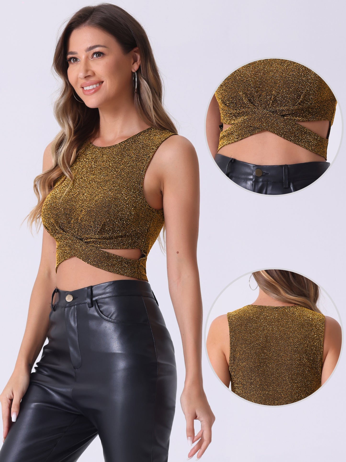 Women's Glitter Crop Top Sparkly Party Cutout Sleeveless Slim Fit Top