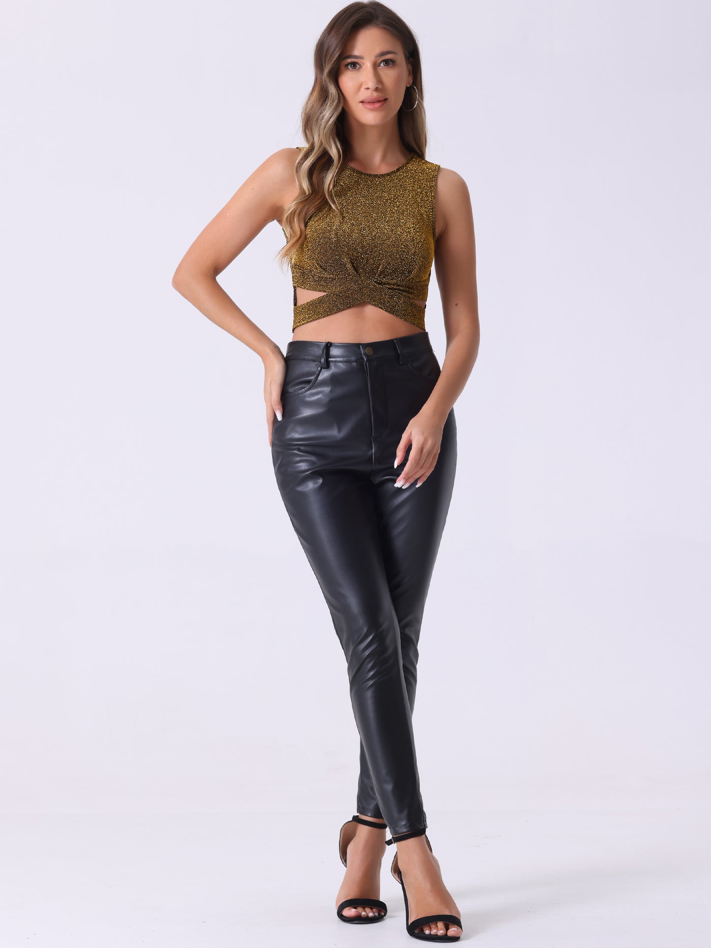 Women's Glitter Crop Top Sparkly Party Cutout Sleeveless Slim Fit Top