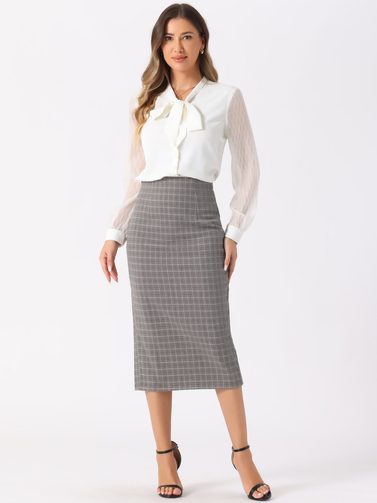 Women's Plaid Pencil Skirt High Waist Zipper Back Split Work Bodycon Midi Skirt