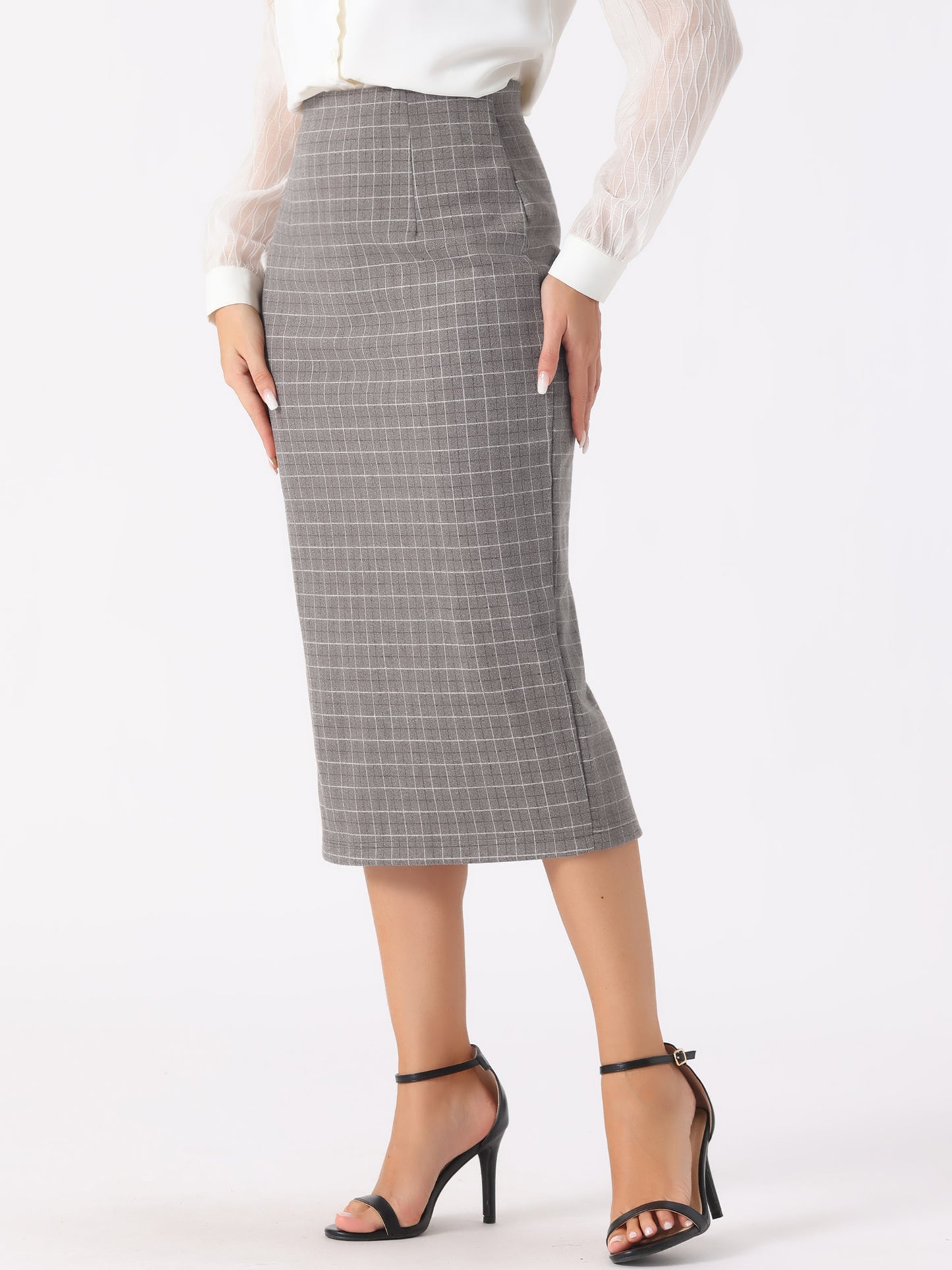 Women's Plaid Pencil Skirt High Waist Zipper Back Split Work Bodycon Midi Skirt
