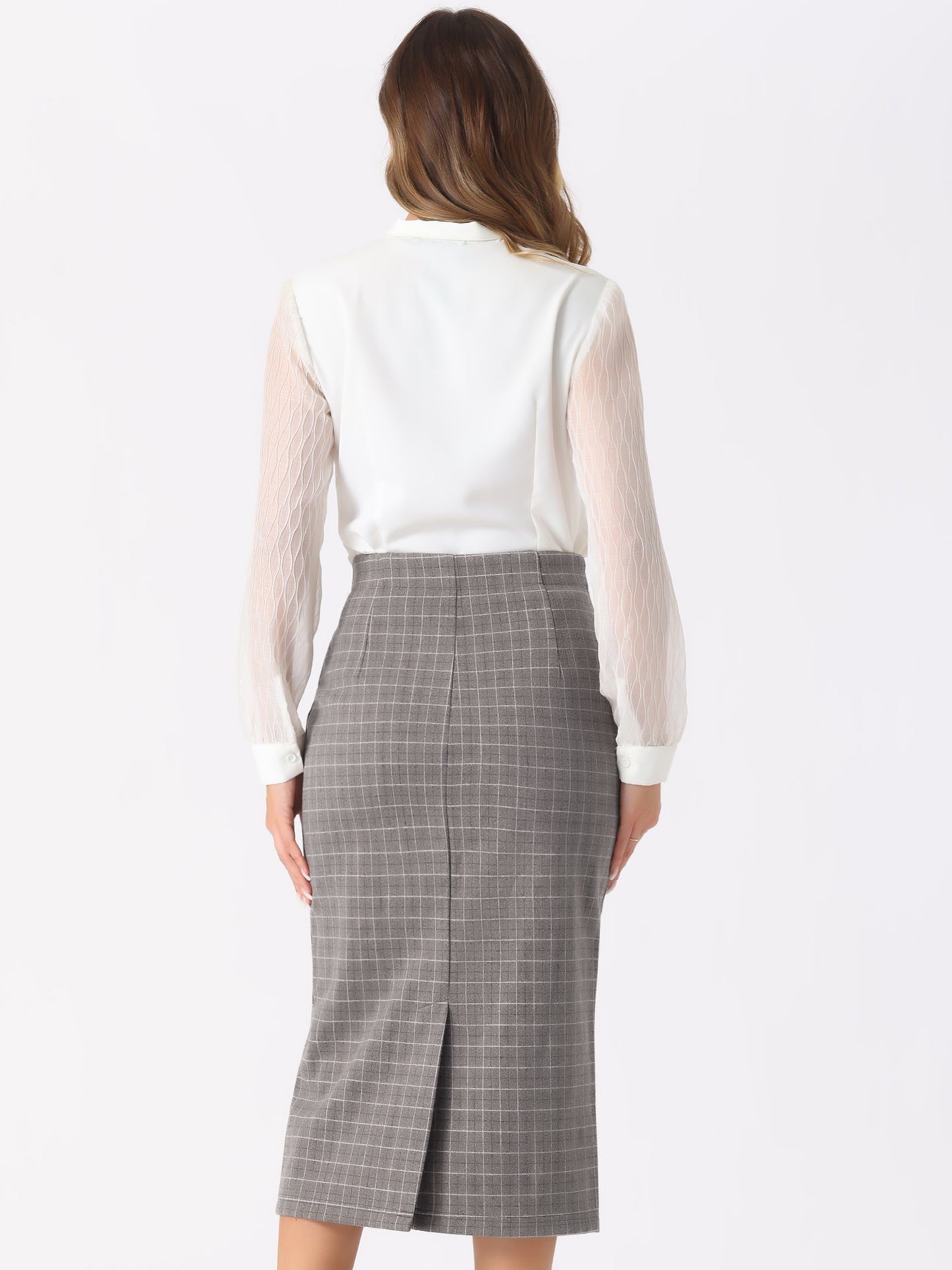 Women's Plaid Pencil Skirt High Waist Zipper Back Split Work Bodycon Midi Skirt