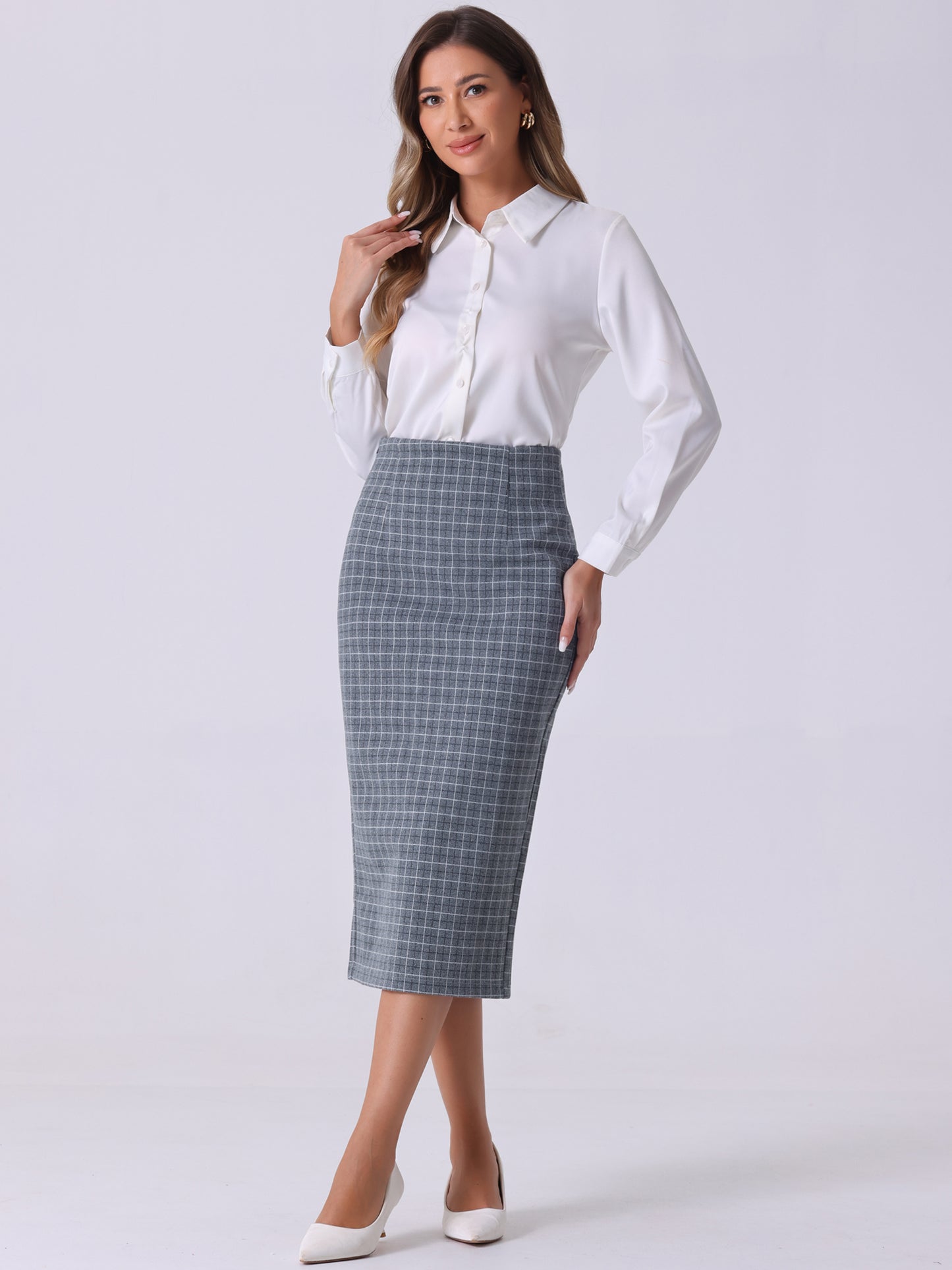 Women's Plaid Pencil Skirt High Waist Zipper Back Split Work Bodycon Midi Skirt