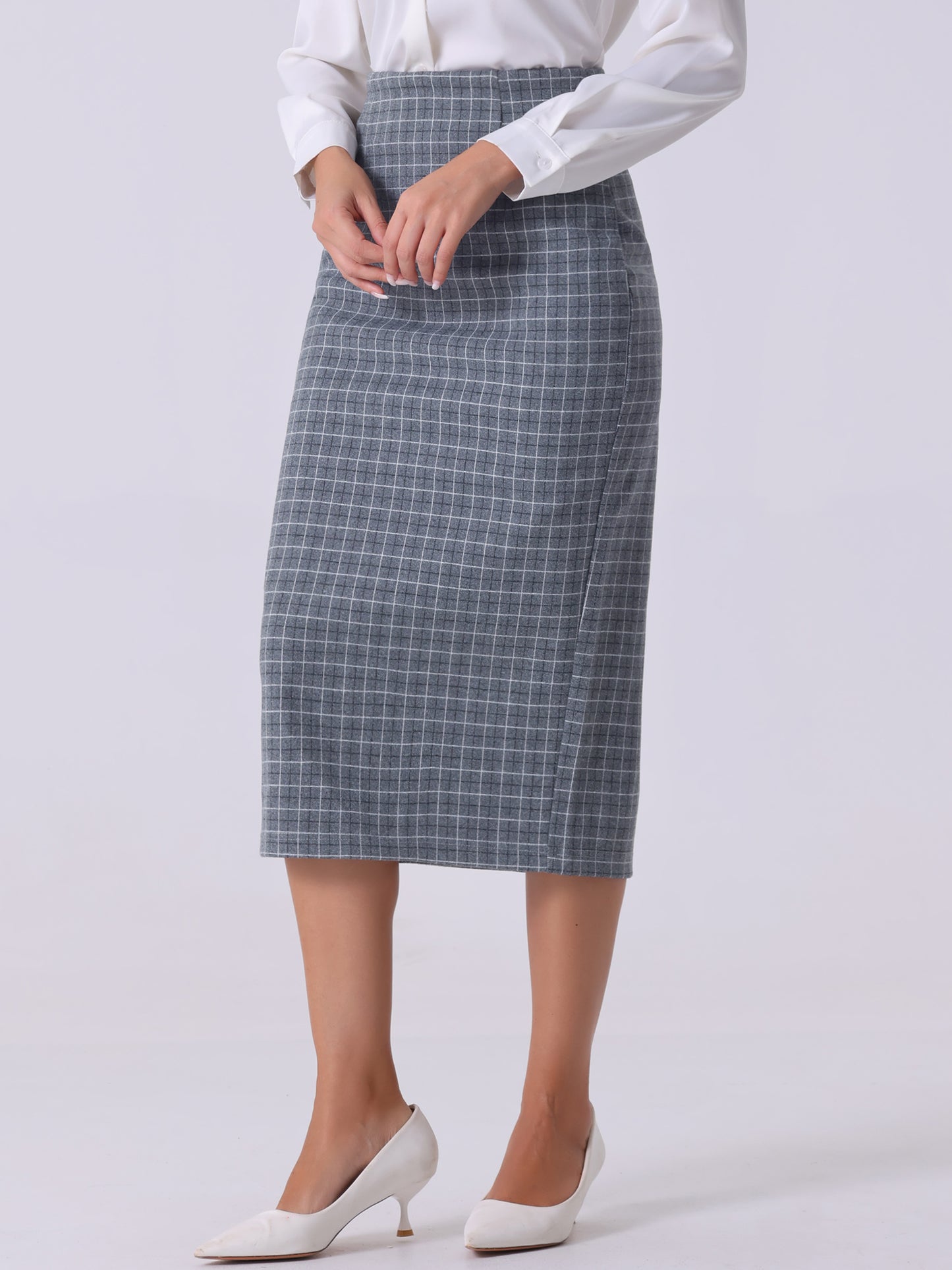 Women's Plaid Pencil Skirt High Waist Zipper Back Split Work Bodycon Midi Skirt