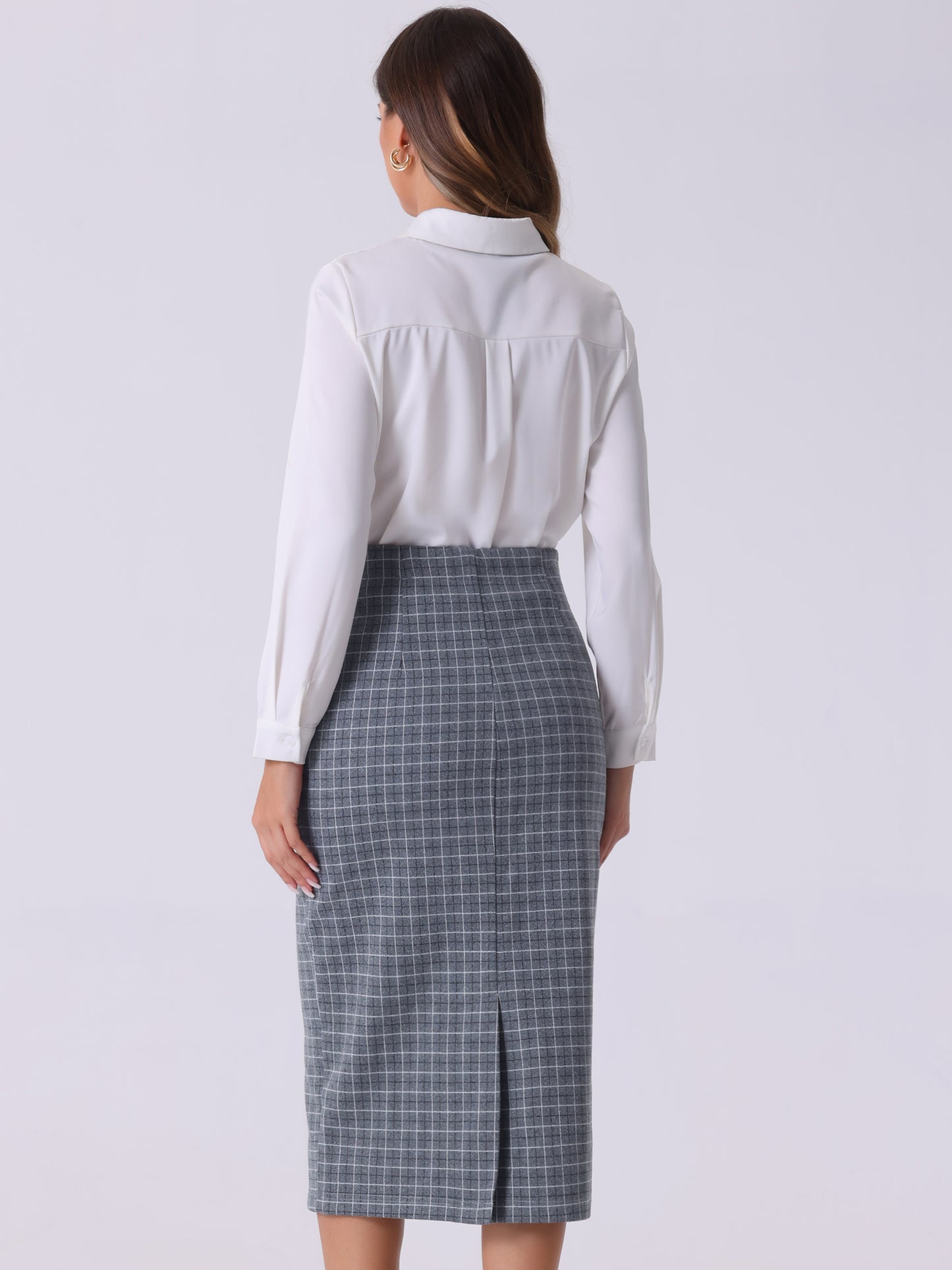 Women's Plaid Pencil Skirt High Waist Zipper Back Split Work Bodycon Midi Skirt