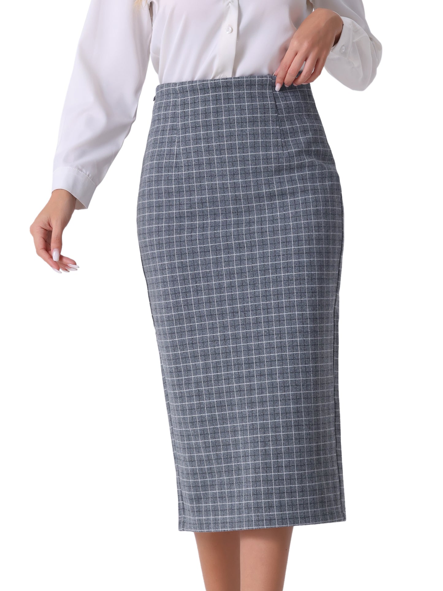 Women's Plaid Pencil Skirt High Waist Zipper Back Split Work Bodycon Midi Skirt