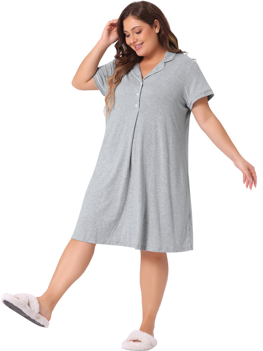 Women Plus Size Sleep Shirt Short Sleeves Pajama Button Down Nightgown Nightdress Sleepwear