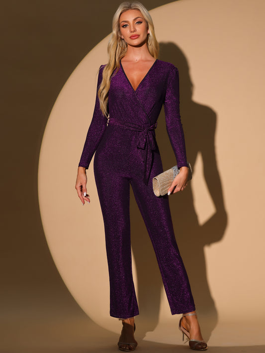 Women Sparkly Jumpsuit Deep V Neck Long Sleeve Belt Night Party Clubwear Giltter Jumpsuits