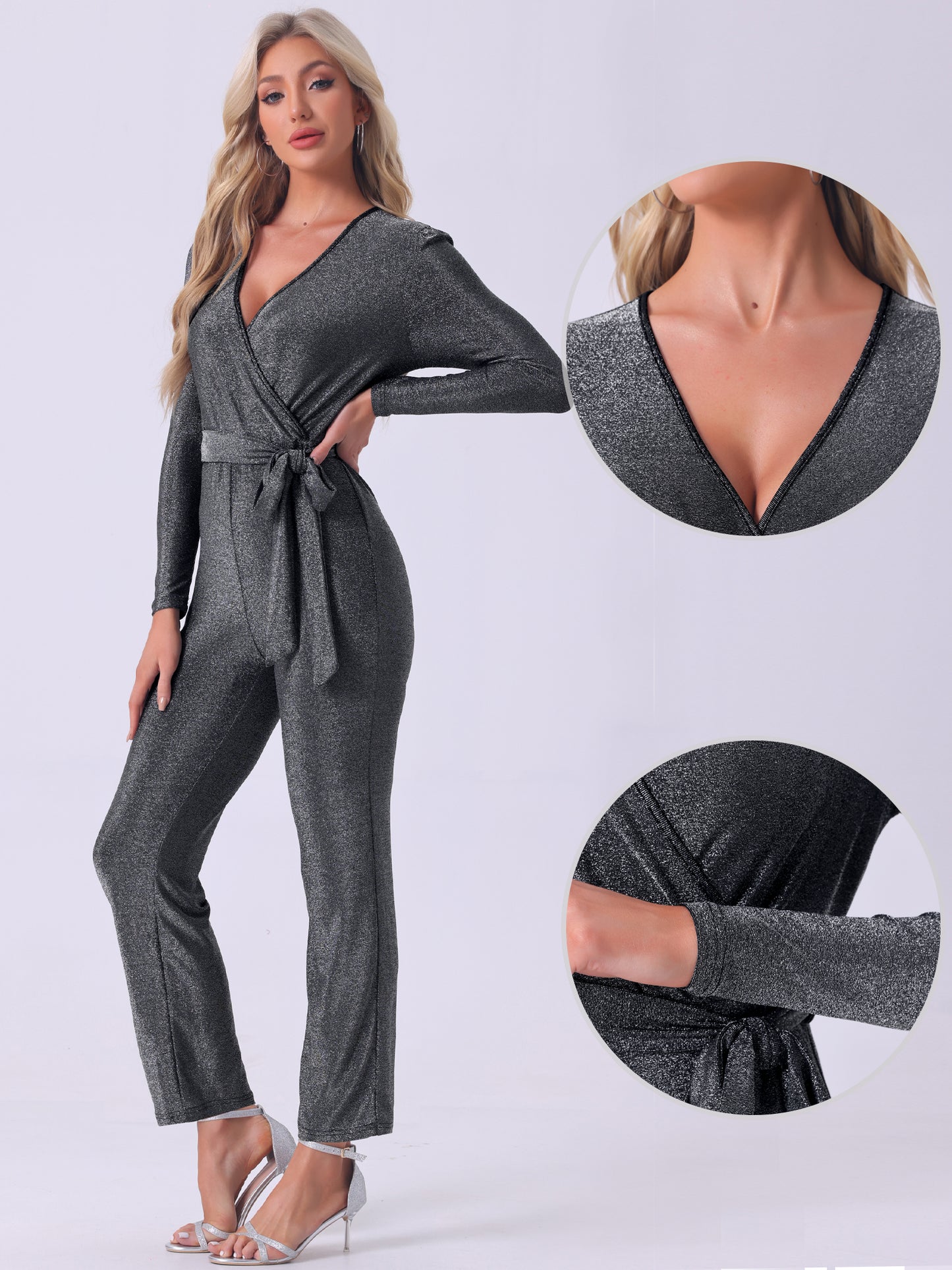 Women Sparkly Jumpsuit Deep V Neck Long Sleeve Belt Night Party Clubwear Giltter Jumpsuits