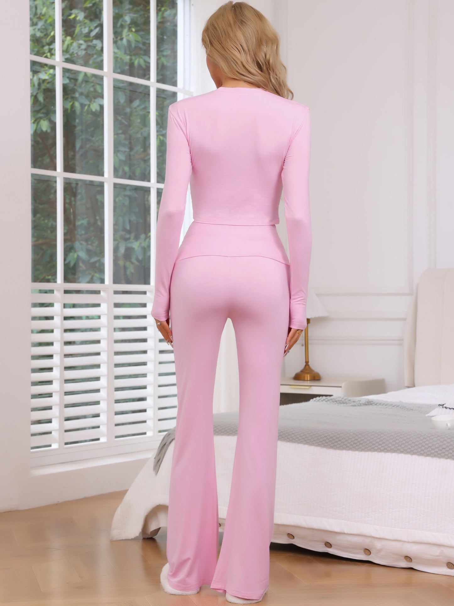 Ensemble 2 pièces pour femme, haut court à manches longues, pantalon évasé à rabat, pyjama décontracté
