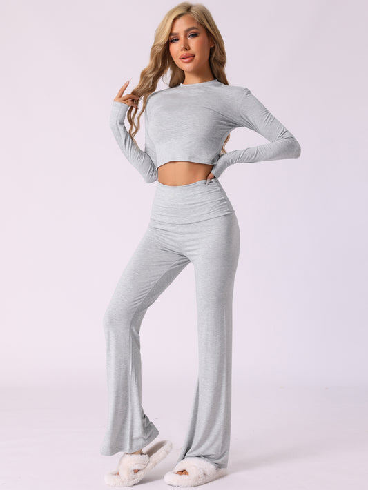 Ensemble 2 pièces pour femme, haut court à manches longues, pantalon évasé à rabat, pyjama décontracté