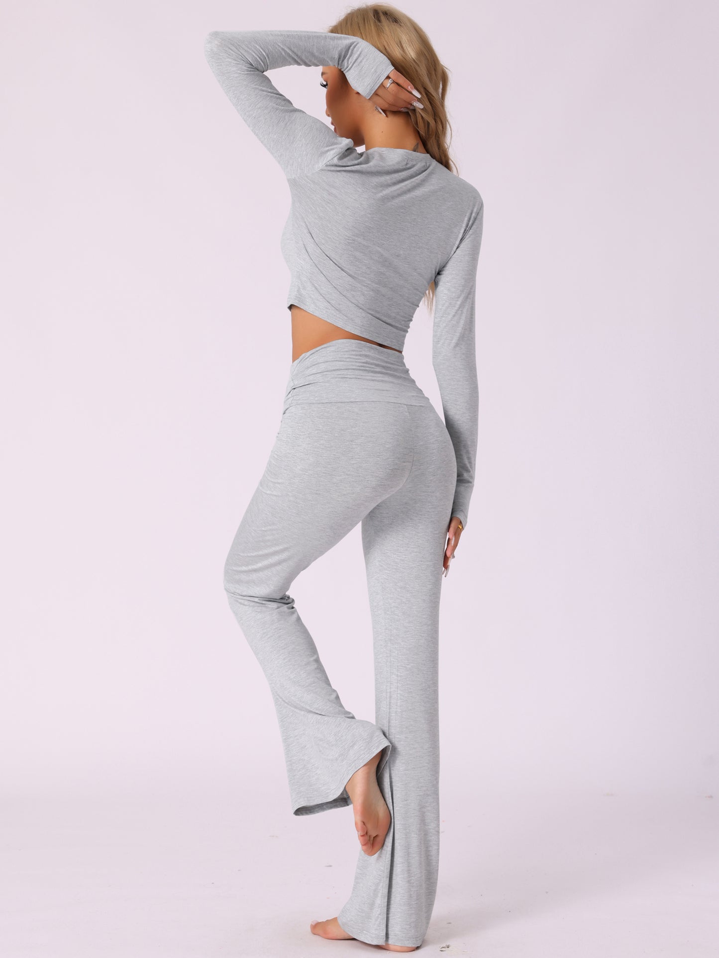 Ensemble 2 pièces pour femme, haut court à manches longues, pantalon évasé à rabat, pyjama décontracté