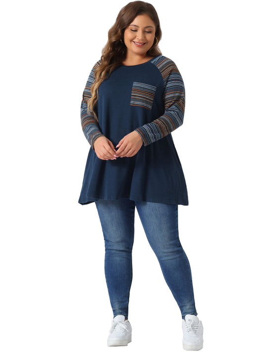 Women Plus Size Tunic Tops Long Sleeve Raglan Color Block Knit Pullover Fall Shirts with Pockets