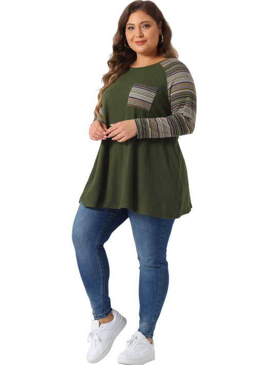 Women Plus Size Tunic Tops Long Sleeve Raglan Color Block Knit Pullover Fall Shirts with Pockets