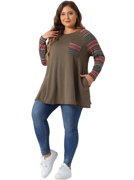 Women Plus Size Tunic Tops Long Sleeve Raglan Color Block Knit Pullover Fall Shirts with Pockets