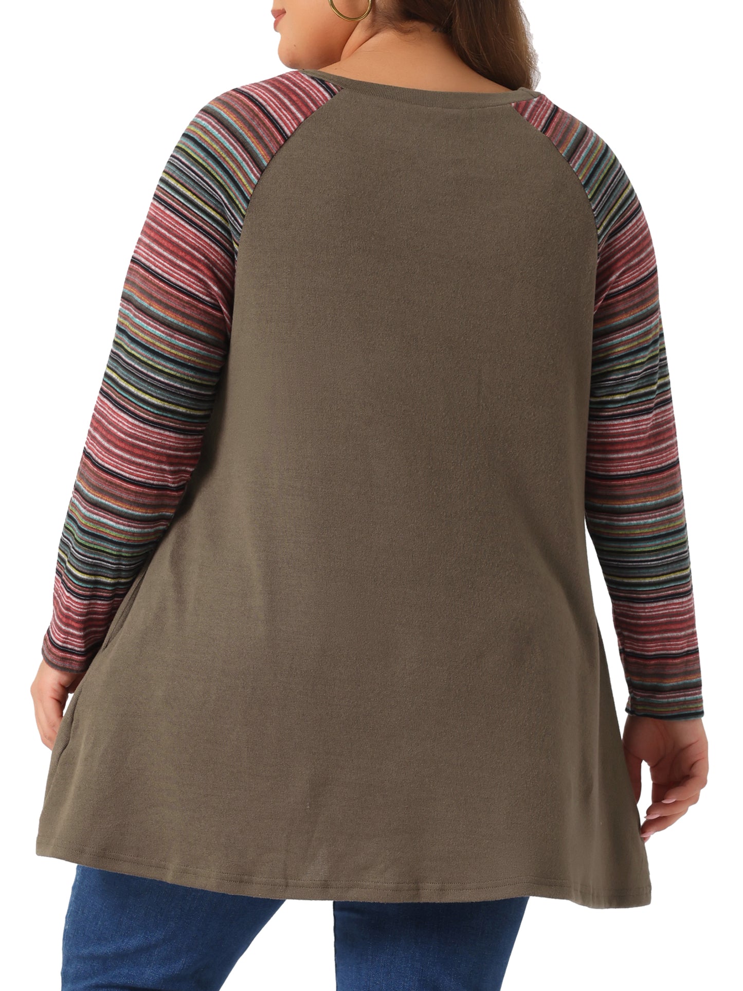 Women Plus Size Tunic Tops Long Sleeve Raglan Color Block Knit Pullover Fall Shirts with Pockets