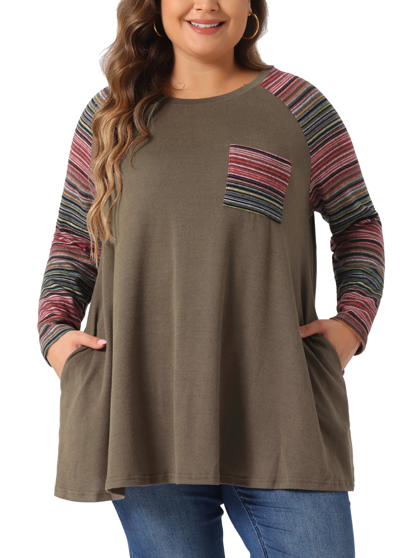 Women Plus Size Tunic Tops Long Sleeve Raglan Color Block Knit Pullover Fall Shirts with Pockets
