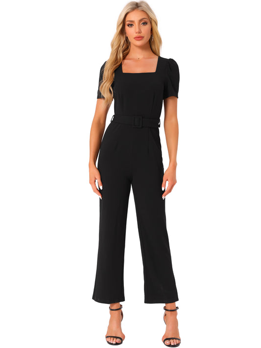 Women's Elegant Square Neck Puff Short Sleeve Loose Wide Leg Romper Work Jumpsuits