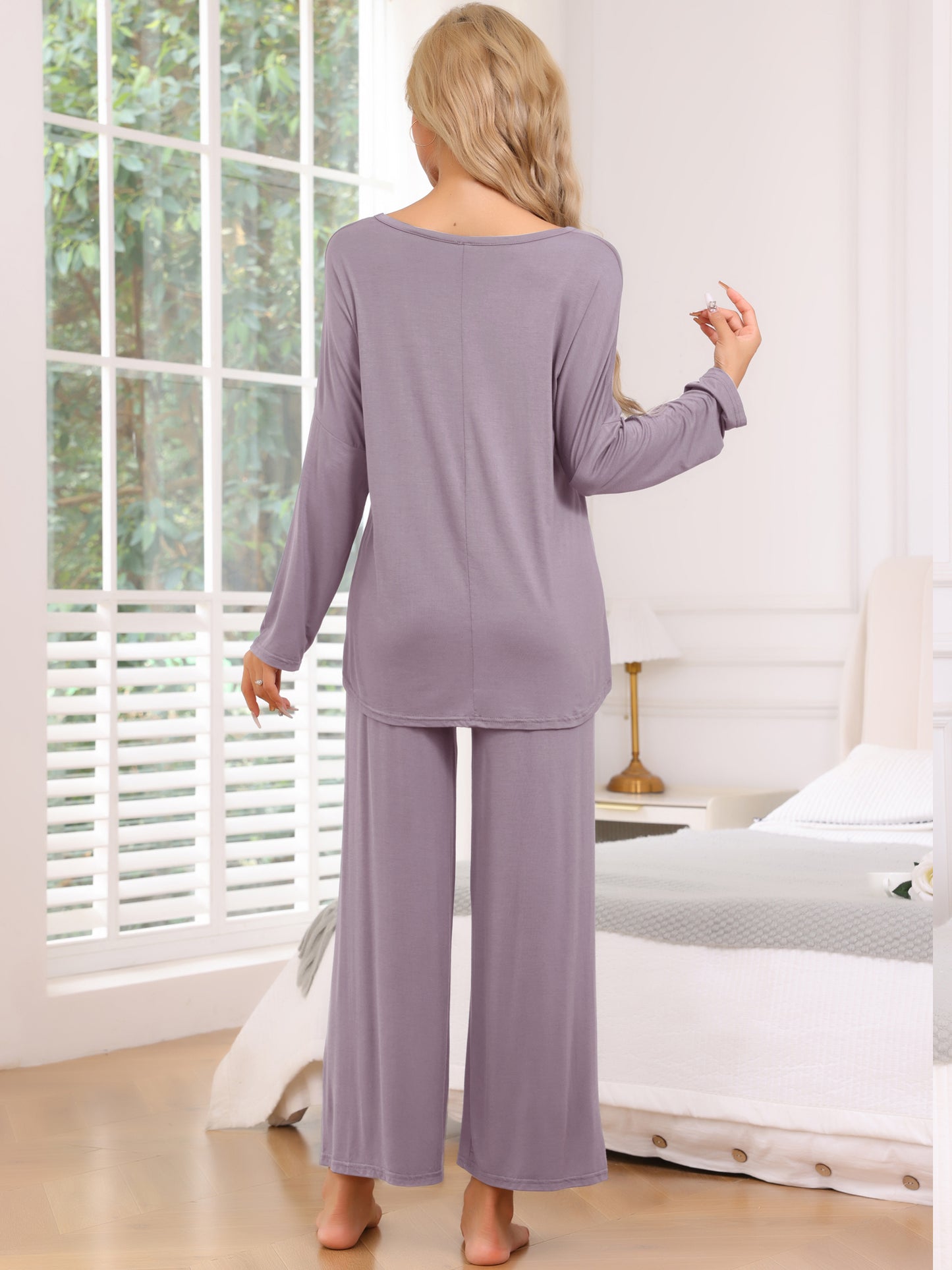 Women's Lounge Set High Low Top Long Sleeve Pants Pj Sets 2 Piece Loose Sleepwear Loungewear