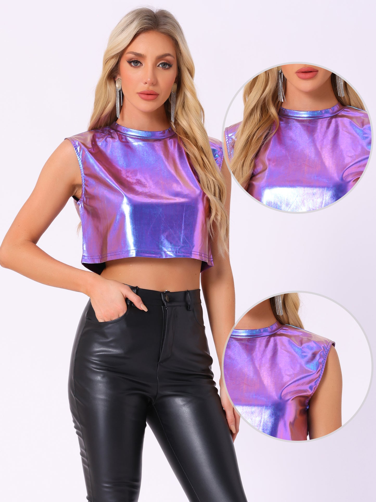 Women's Sleeveless Sparkle Party Round Neck Crop Holographic Metallic Top