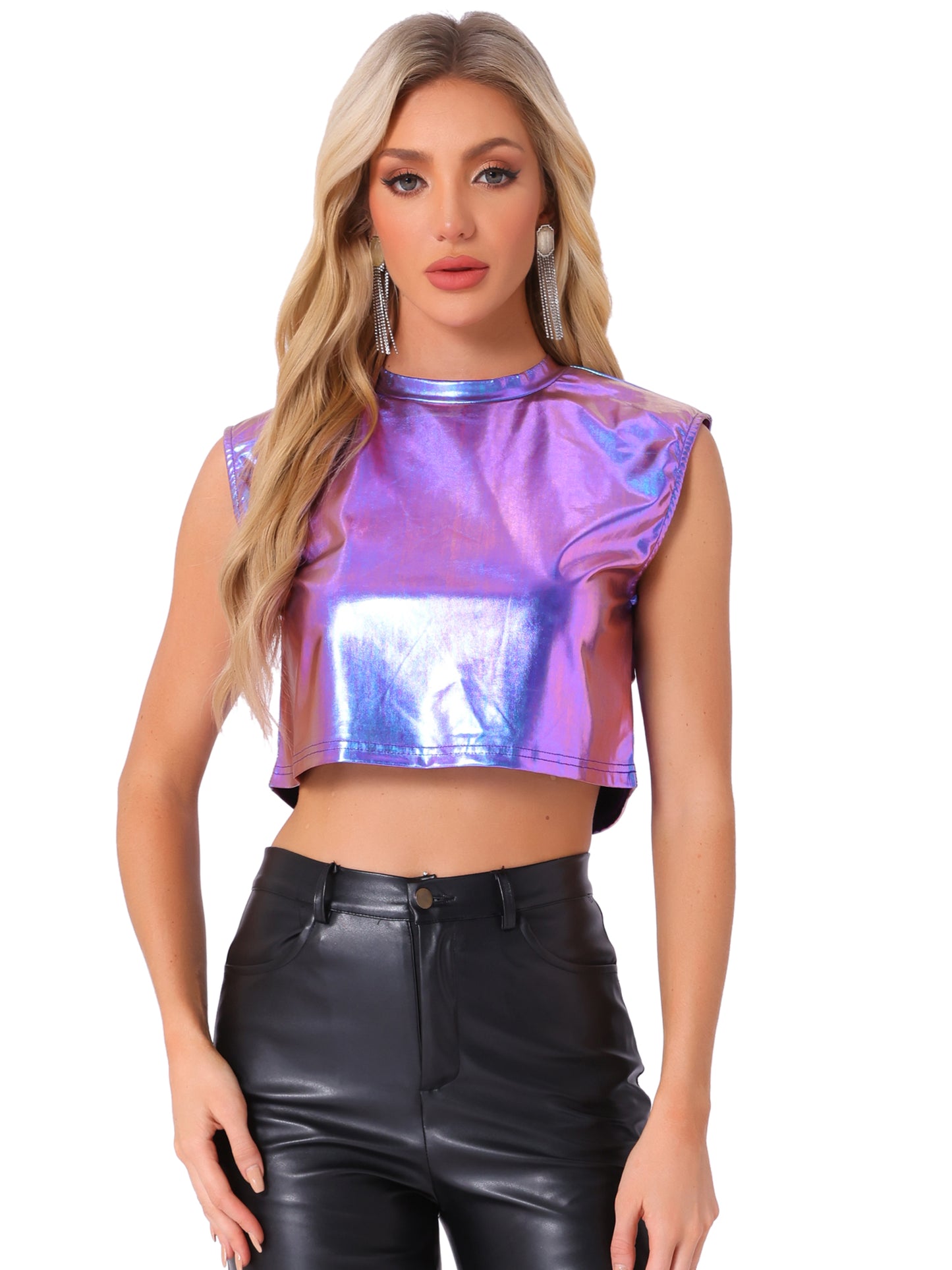 Women's Sleeveless Sparkle Party Round Neck Crop Holographic Metallic Top
