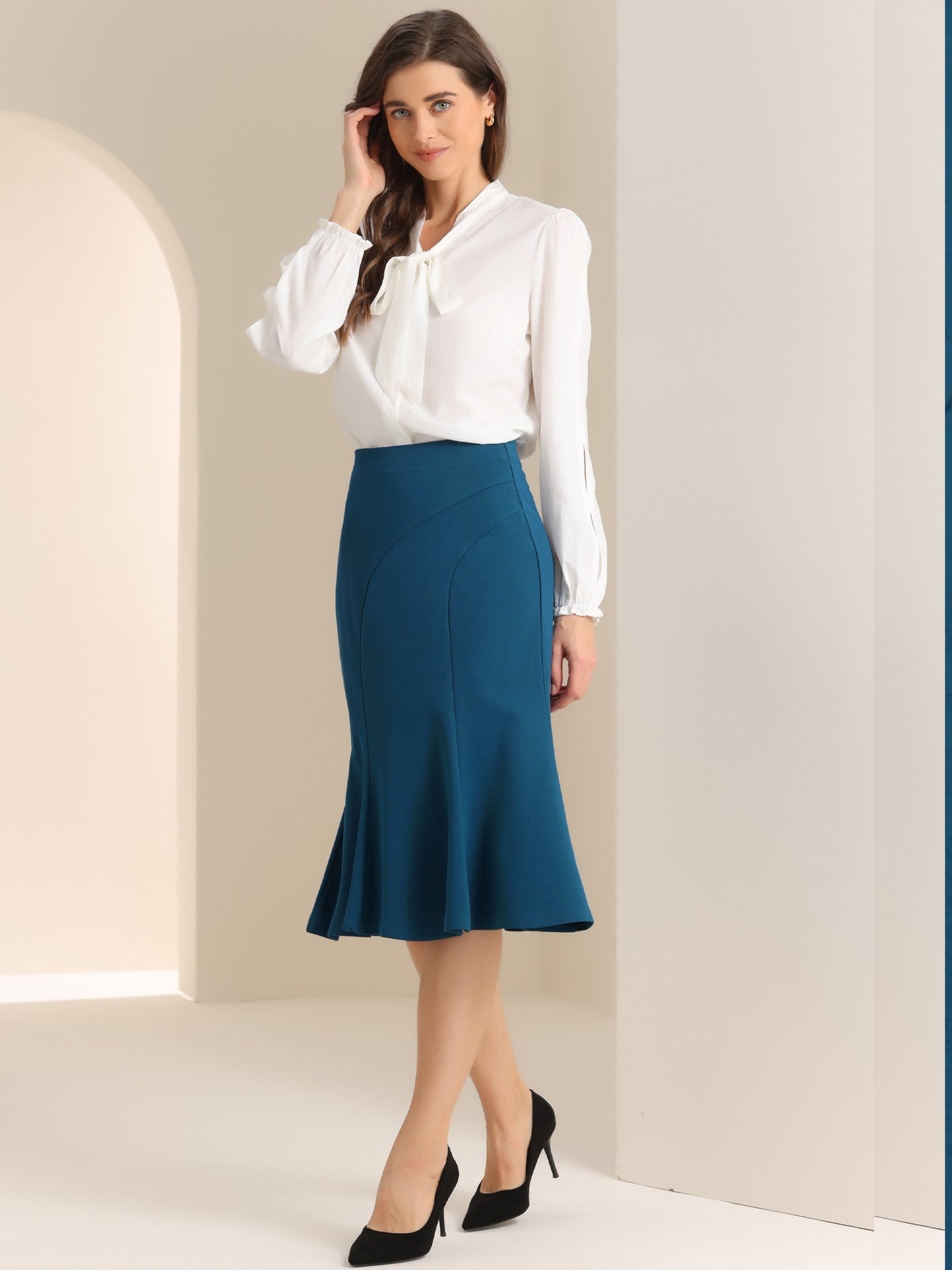 Falda midi elegante de cola de pez con cintura alta y dobladillo acampanado para mujer