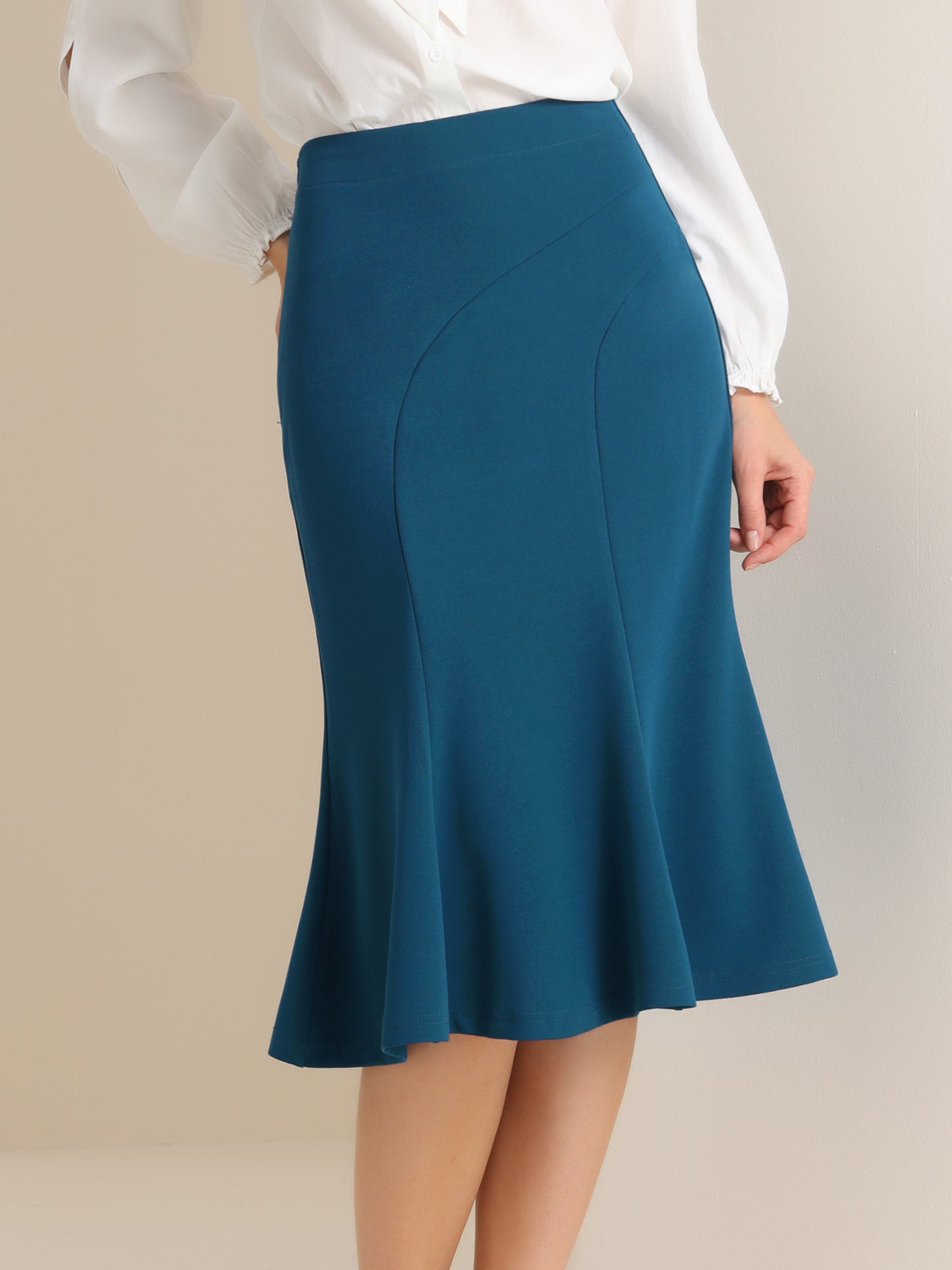 Falda midi elegante de cola de pez con cintura alta y dobladillo acampanado para mujer