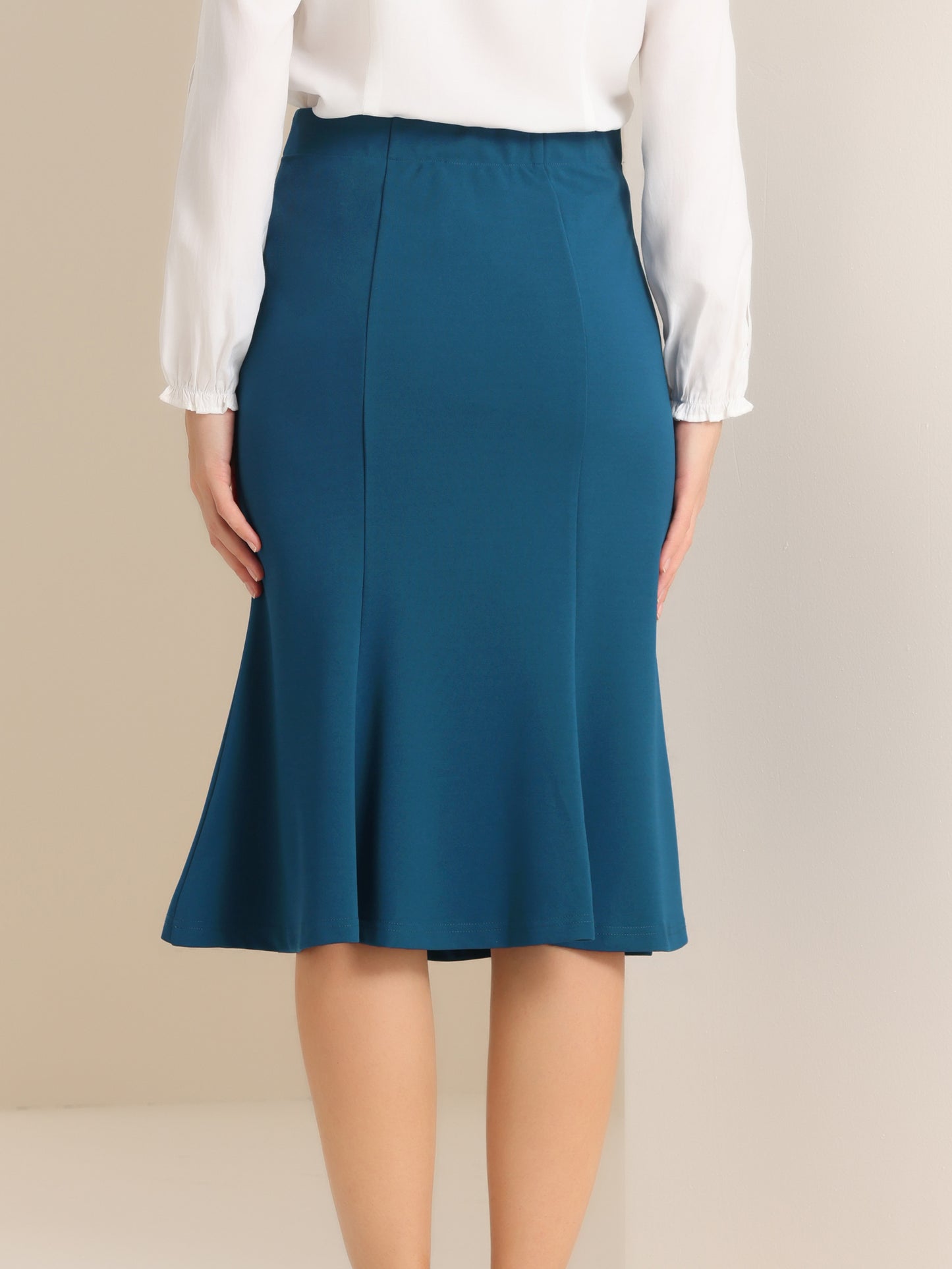 Falda midi elegante de cola de pez con cintura alta y dobladillo acampanado para mujer