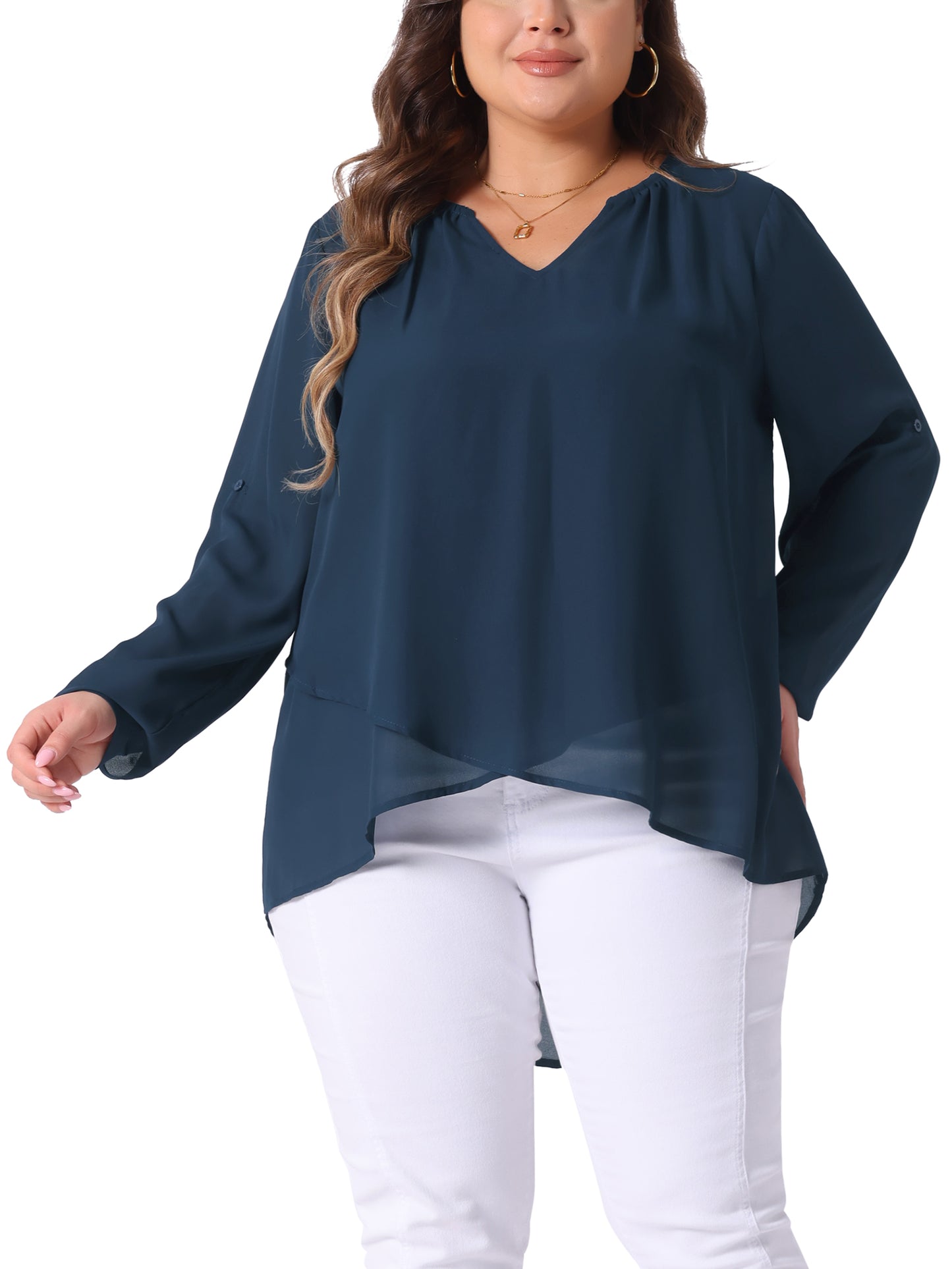 Women Plus Size Top Long Sleeve Notch V Neck High Low Hem Layer Casual Tunic Top