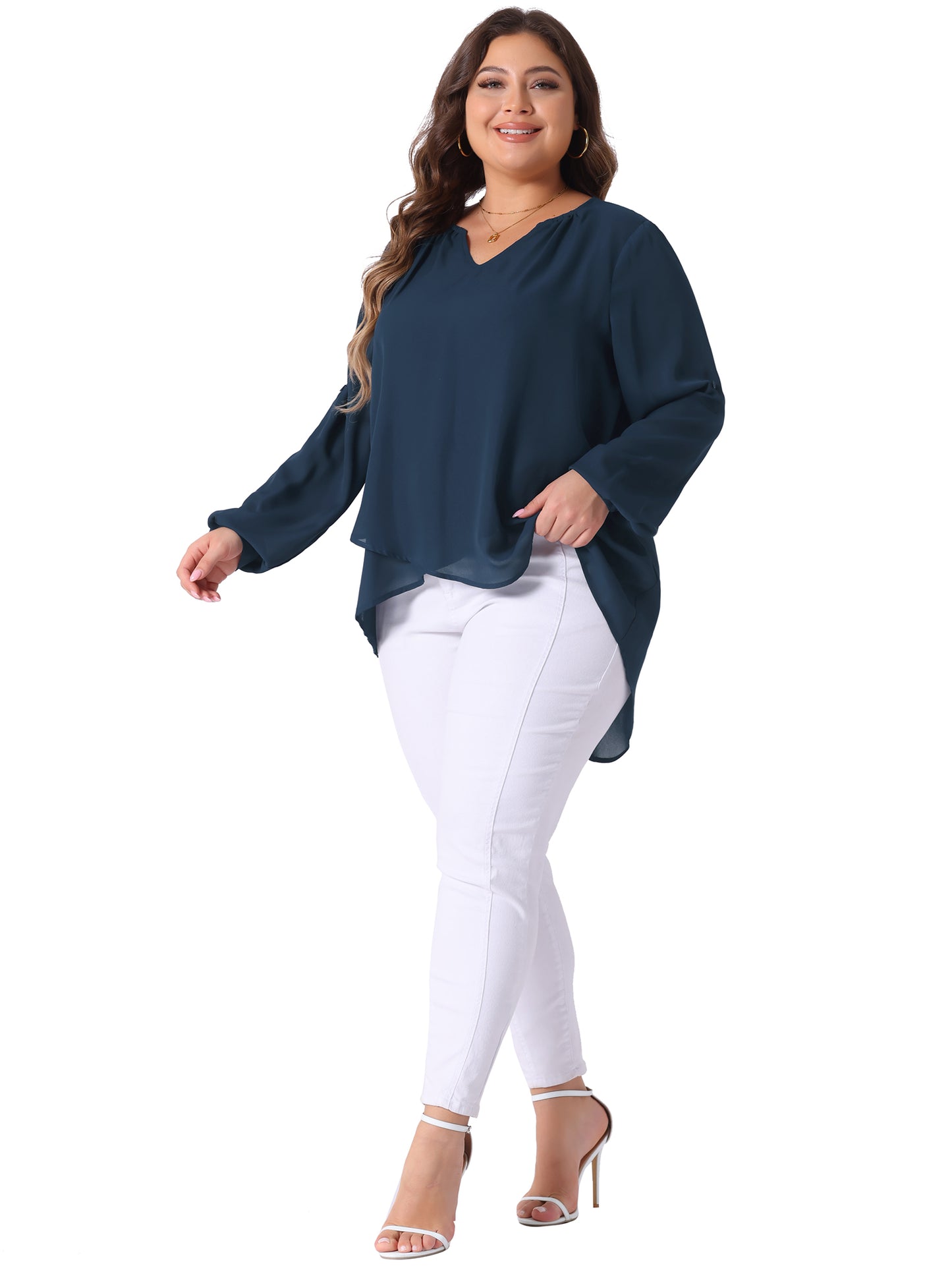 Women Plus Size Top Long Sleeve Notch V Neck High Low Hem Layer Casual Tunic Top