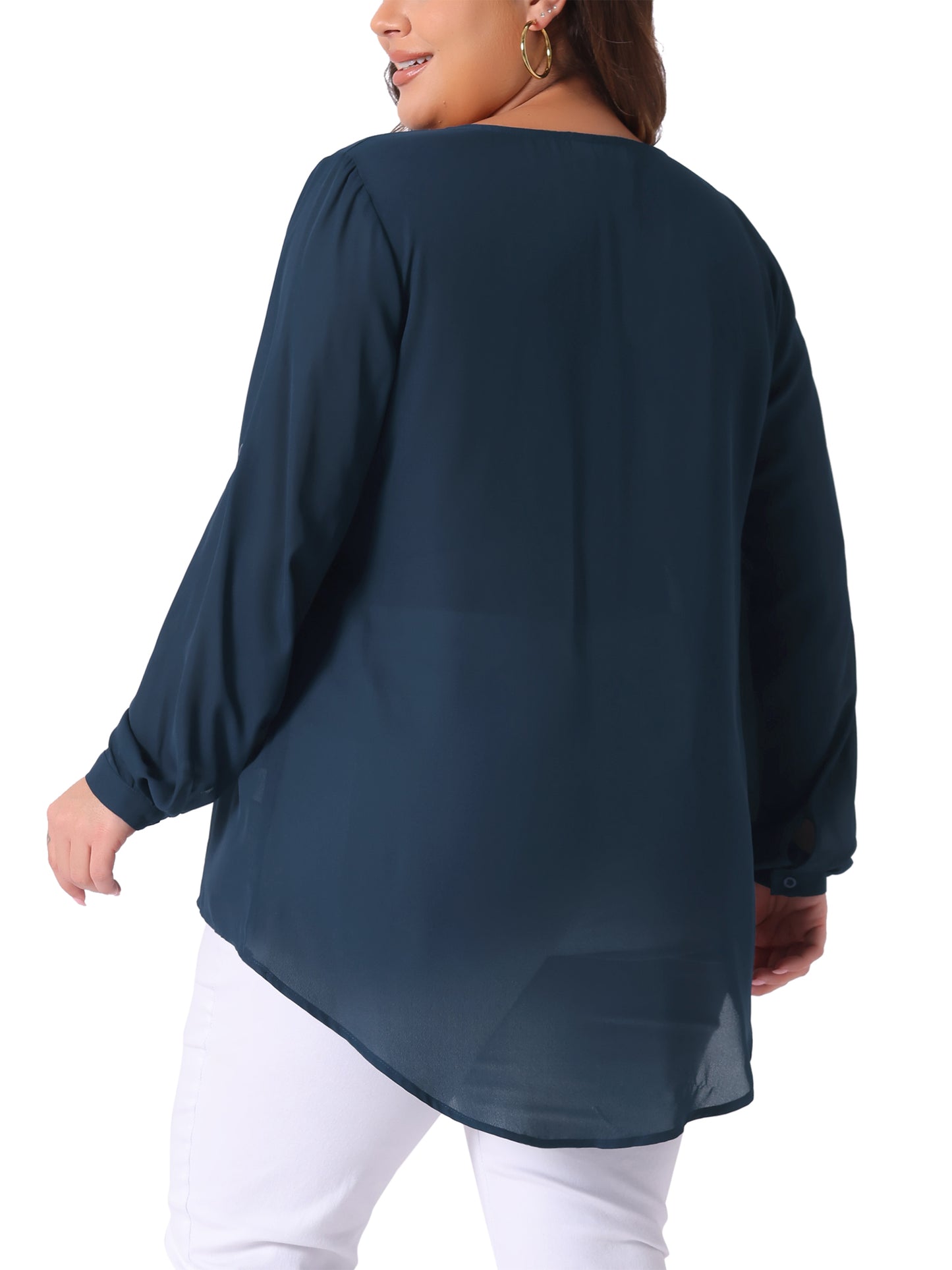 Women Plus Size Top Long Sleeve Notch V Neck High Low Hem Layer Casual Tunic Top